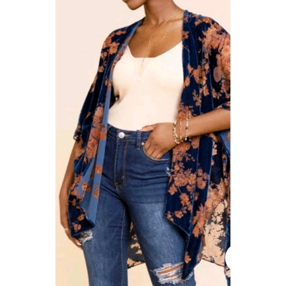 Peach Love Burnout Velvet Kimono Shawl Robe S Navy Blue Orange Floral Whimsigoth